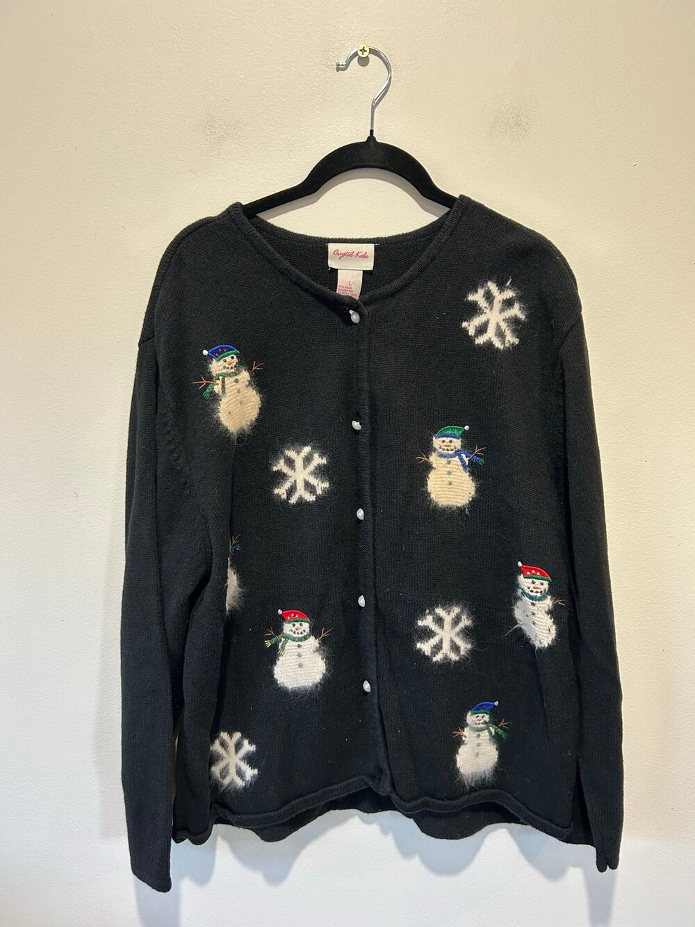 Krystal Kobe vintage winter holiday cardigan womens L black cotton ramie